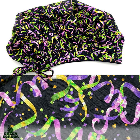 Green Scrubs - Tie Bonnet Scrub Hat with Terry - Mardi Gras
