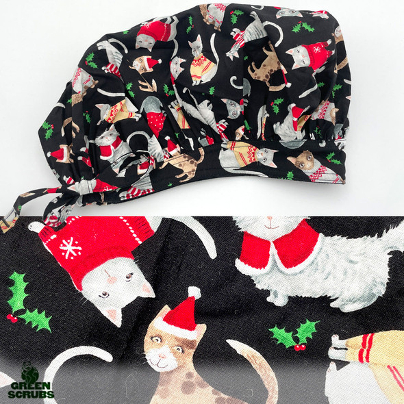 Green Scrubs - Tie Bonnet Scrub Hat with Terry - Santa Claws is Coming