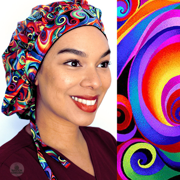 Green Scrubs - Tie Bonnet Scrub Hat with Terry - Bright Swirls