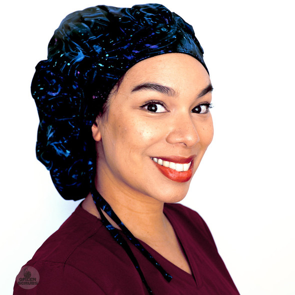 Green Scrubs - Tie Bonnet Scrub Hat with Terry - Midnight Swirls