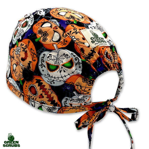 Green Scrubs - Skull Scrub Cap - Scary Pumpkins