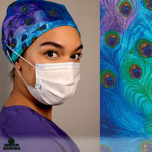 Green Scrubs - Modern Fit Super Tie Hat with Buttons - Peacock Feather