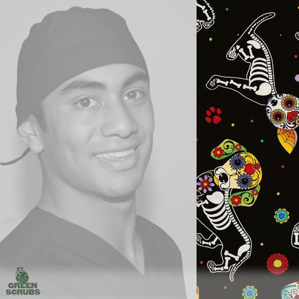 Green Scrubs - Tieback Scrub Hat with Buttons -Dia De Los Muertos Dogs