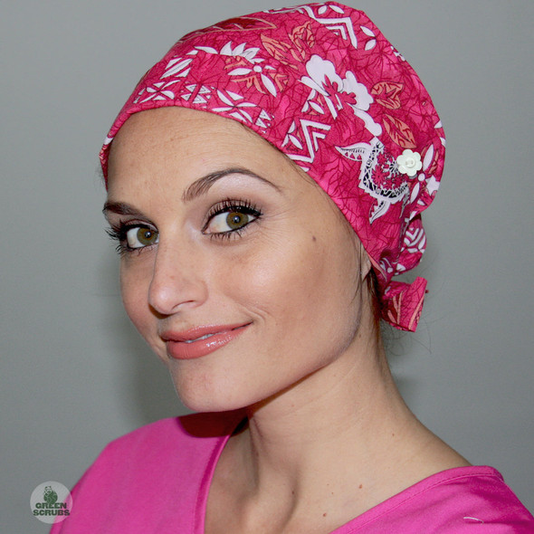 Green Scrubs - Modern Fit Super Tie Hat with Flower Buttons - Honu Pink