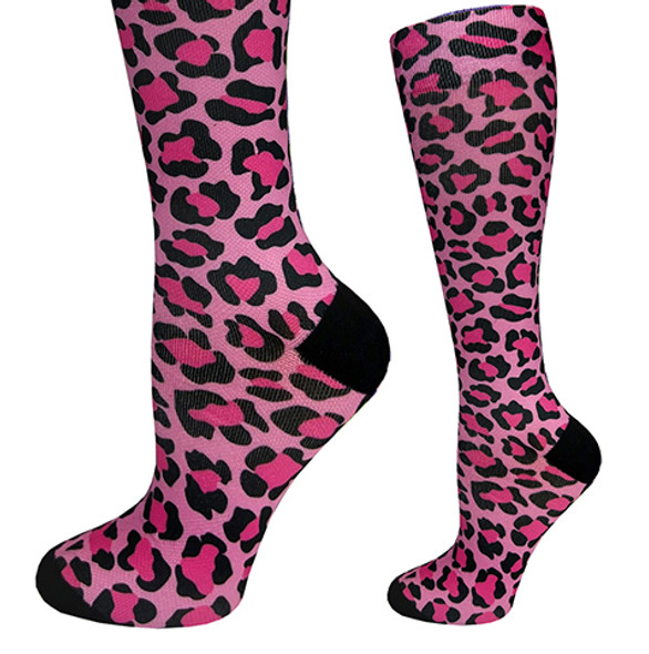 Prestige Medical 387 - 12" Soft Comfort Compression Socks - Leopard Print Pink