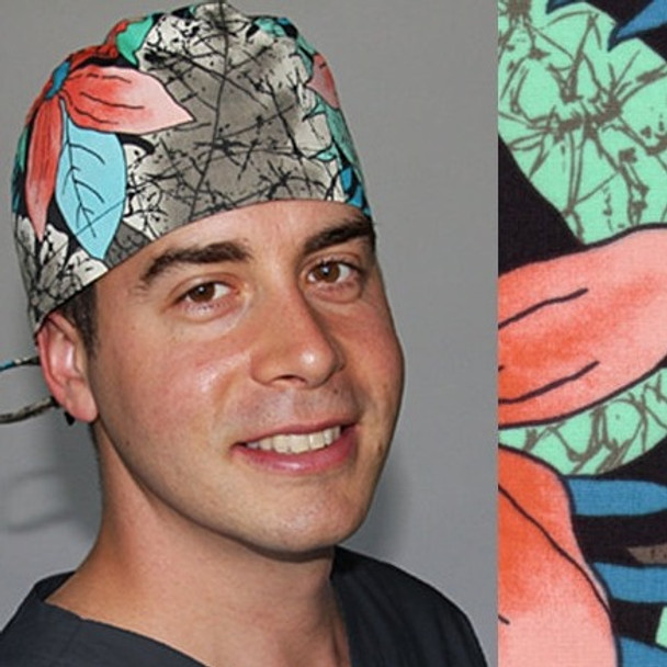 Green Scrubs - Tieback Hat - Palm Flowers