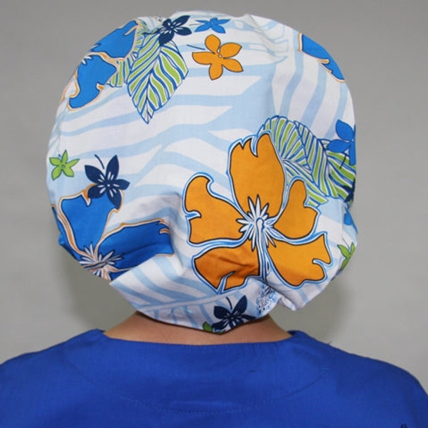 Green Scrubs - Bouffant Hat - Floral Blue