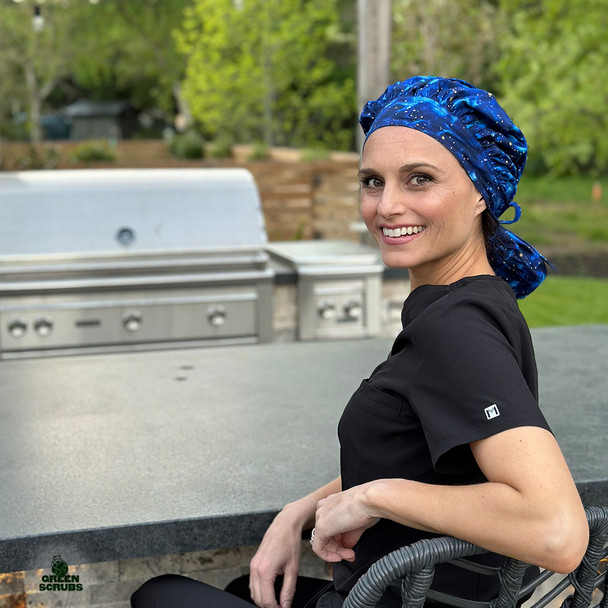 Green Scrubs - Tie Bonnet Hat - Space Clouds