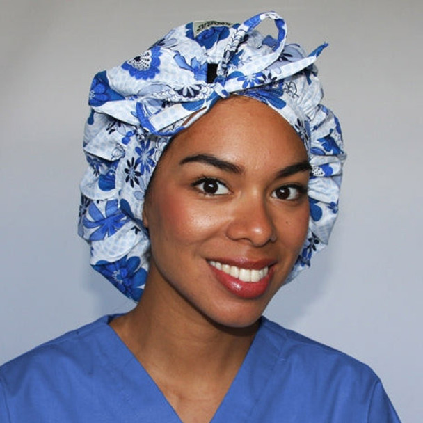 Green Scrubs - Tie Bonnet Hat - Floral Grid Blue