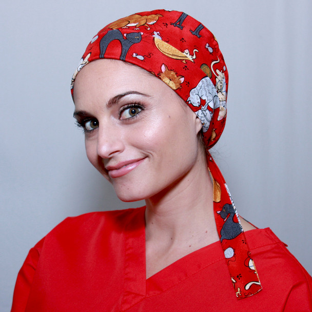 Green Scrubs - Modern Fit Super Tie Hat - Purr-fectly Red