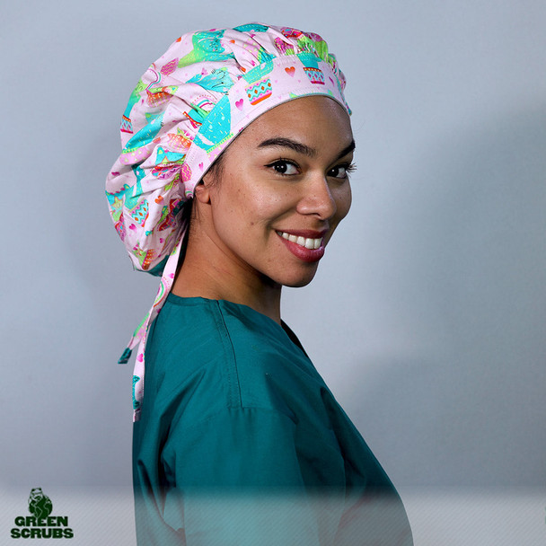 Green Scrubs - Tie Bonnet Scrub Hat with Terry - Cacti Cats