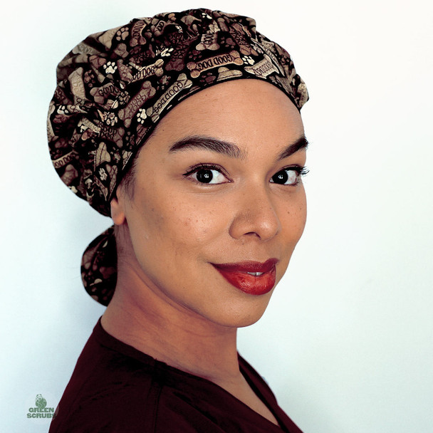 Green Scrubs - Tie Bonnet Scrub Hat with Terry - Tossed Bones