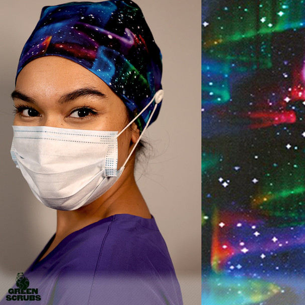 Green Scrubs - Modern Fit Super Tie Hat with Buttons - Space Waves