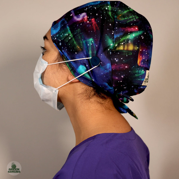 Green Scrubs - Modern Fit Super Tie Hat with Buttons - Space Waves