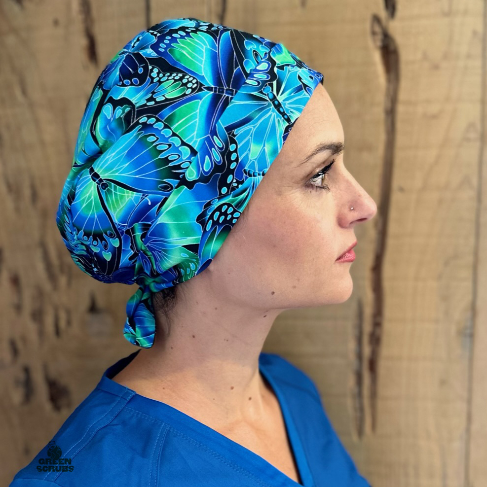 Super tie hat in a blue Butterflies print by Green Scrubs
