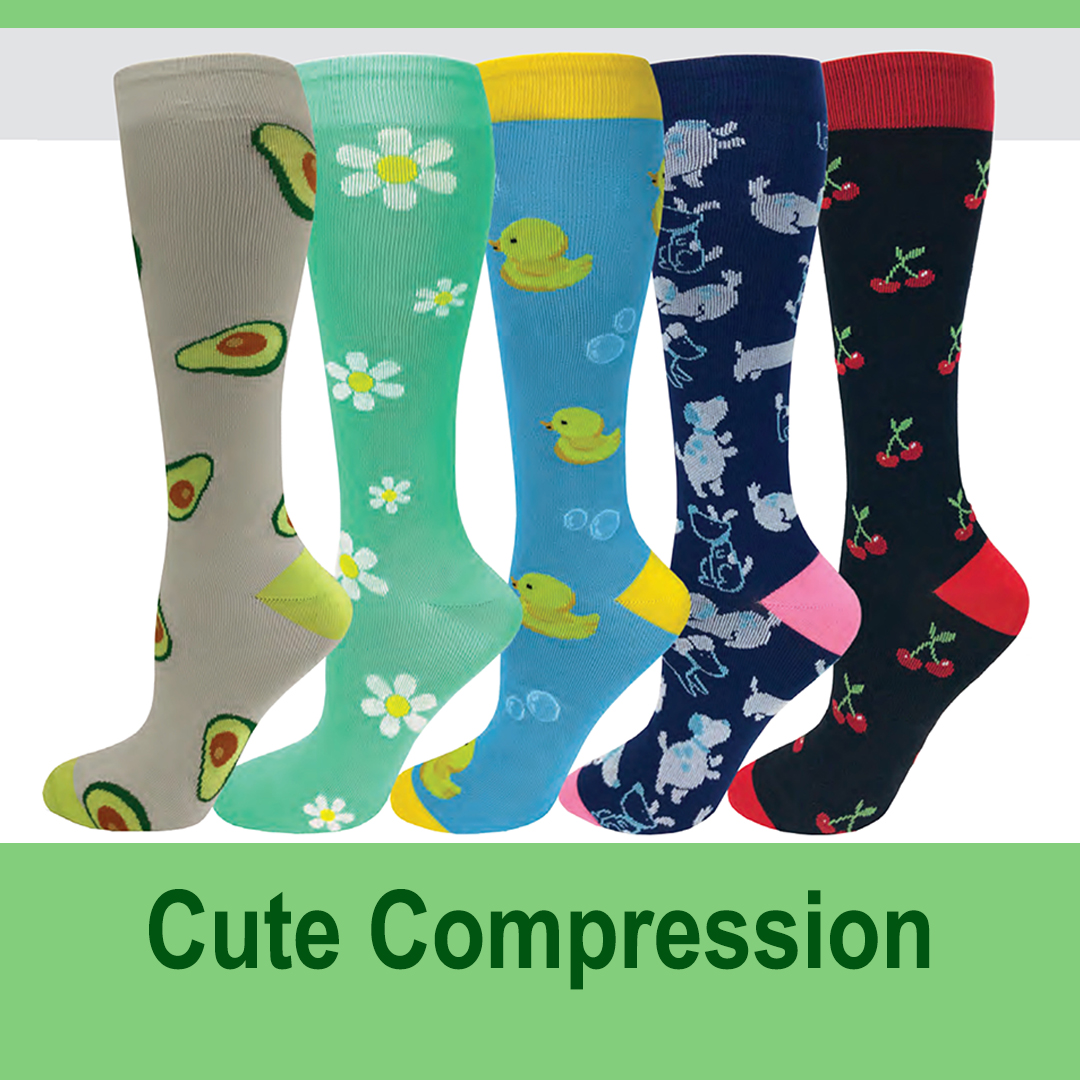 a collection of colorful printed compression socks