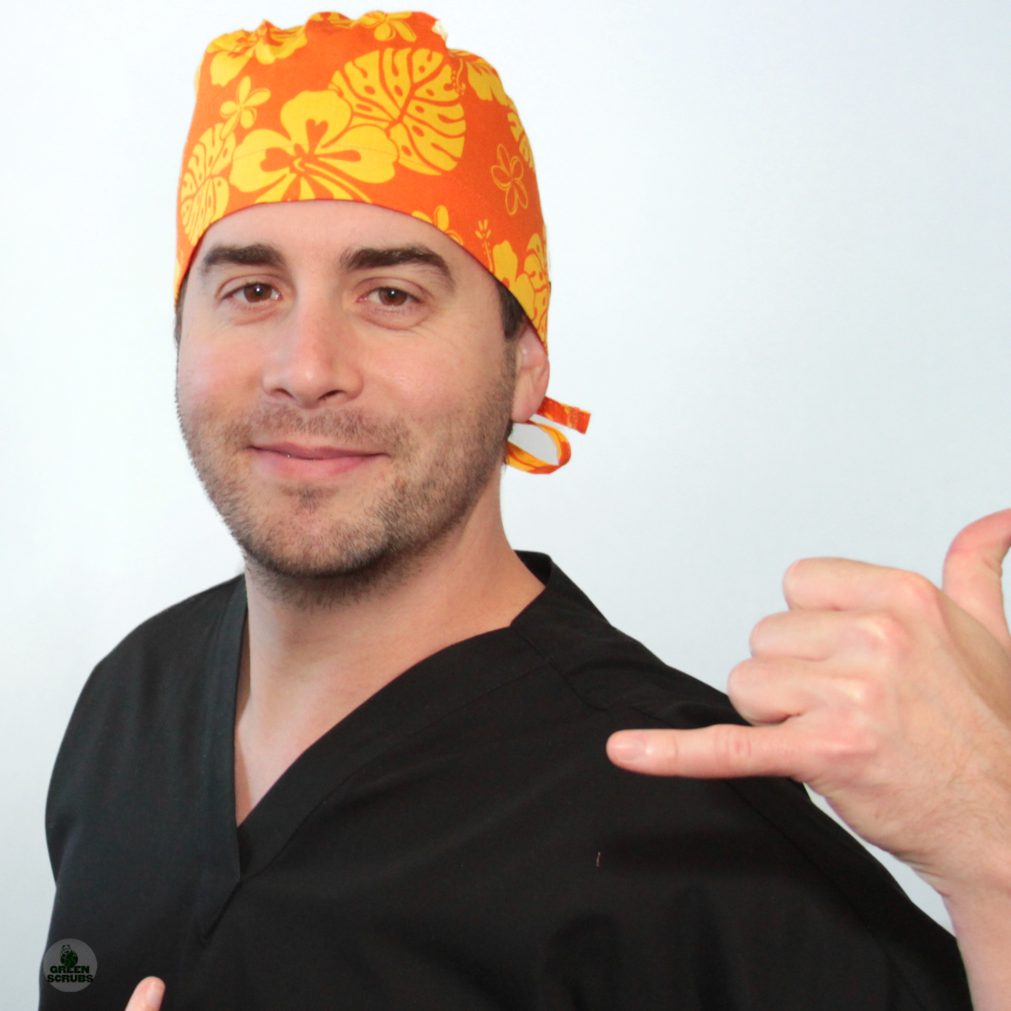 Tieback Scrub Cap in Hibiscus Citrus with Hang 10 sign