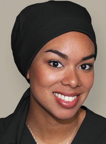 Health professional wearing a modern fit super tie scrub hat