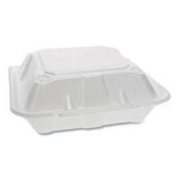 Foam Hinged Lid Containers, Dual Tab Lock, 3-Compartment, 9.13 x 9 x 3.25, White
