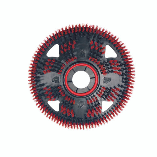 Red scrub brush pad attaches with pad centering device by Malish