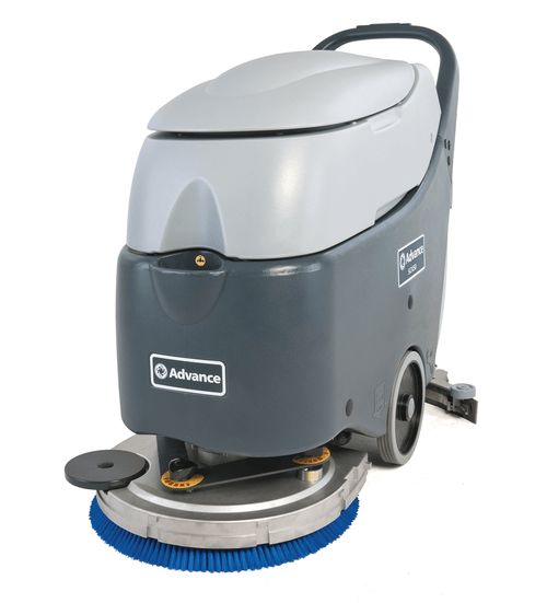 Nilfisk Advance 56383129 SC450 Walk Behind Floor Scrubber with 98 Ah maint free gel batteries onboard charger and blue Prolene brush