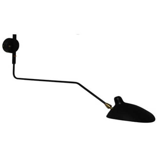 The black Serge Mouille One-Arm Wall Sconce lamp is a striking lighting fixture that exudes elegance and minimalist charm. It features a long, curved arm extending from a wall-mounted plate, all finished in a sleek black color. The arm holds a rotating shade, which can be adjusted to direct the light precisely where desired. The black finish adds a touch of sophistication and versatility, allowing the lamp to seamlessly blend into various interior styles. With its iconic design, clean lines, and captivating presence, the black Serge Mouille One-Arm Wall Sconce lamp becomes a captivating focal point in any space, providing both functional illumination and a timeless aesthetic appeal.