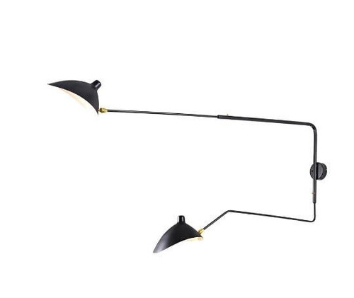 Mid-century two arm wall light with adjustable arms and industrial wall sconce design, creating a bold architectural lighting feature.