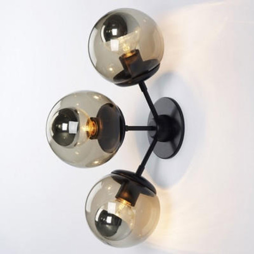 Jason Miller Modo Wall sconce reproduction replica 3 head black metal, smoked glass shades, Mid Century Wall Light Fixtures