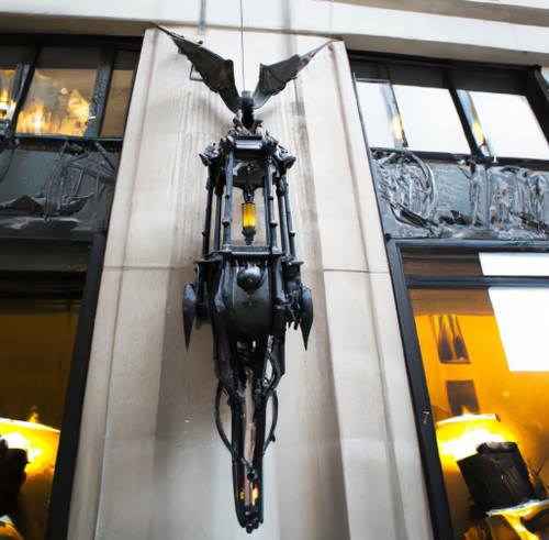 The Midnight Sentinel gothic wall lantern commands attention, perched on the wall of a grand New York building. Its intricate cast iron detailing and dramatic bat sculpture exude a sense of gothic mystery, while the 6m height and large size ensure it cannot be ignored. Its dual indoor/outdoor functionality makes it versatile and perfect for adding a touch of drama to any space.