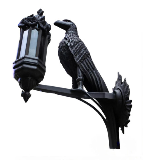 neo-gothic raven wall lamp sculpture, affixed to the wall of a grand hotel. 