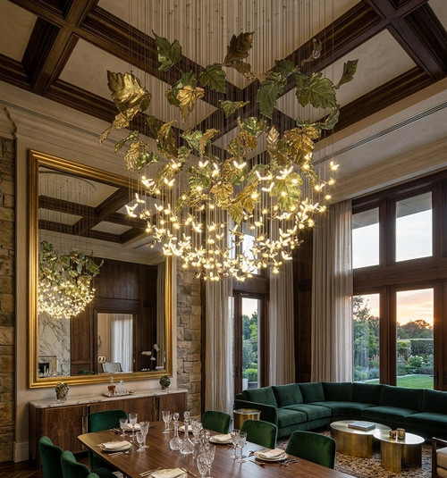Liora Luxurious Green & Gold Leaf Chandelier - Captivating Glass Leaf Lighting: Enchanting Firefly Glowing Chandelier