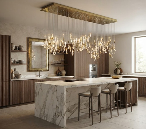 brushed brass ceiling plate, warm diffused LED output, upscale hospitality architecture, grand foyer lighting, bespoke residential statement piece, luxury interior architecture, nature-inspired design forms, artisanal glass elements, multi-tier illumination, high-end commercial specification, premium interior accents, contemporary architectural installation, luxury hotel lobby centerpieces,