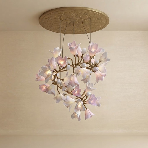 calliope chandelier, fairytale chandelier, whimsical spaces, porcelain flowers, floral chandelier, pink floral chandelier, luxury lighting, handmade porcelain lighting, unique lighting design, modern luxury chandelier, elegant home decor, enchanting decor, fantasy lighting, botanical chandelier, artisanal chandelier, custom luxury lighting, decorative ceiling light, premium lighting fixture, magical interior design, whimsical home aesthetic, fairytale aesthetic lighting, porcelain bloom chandelier, pastel aesthetic decor, delicate floral lamp, romantic interior lighting,