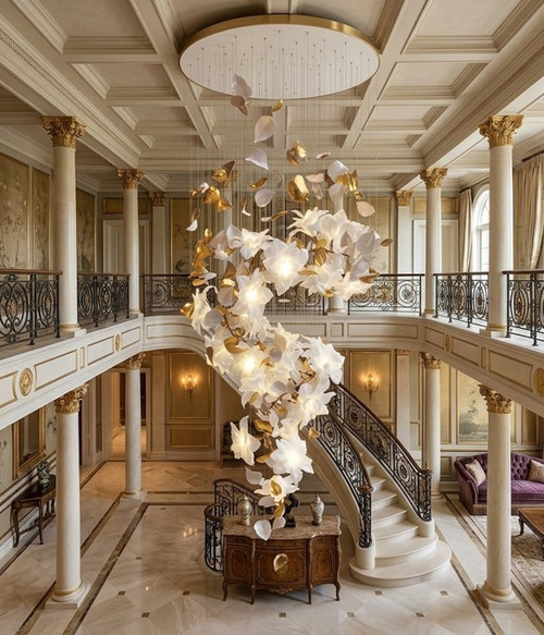 Dariha: White Flower Chandelier - Designer Chandelier Lighting For Hotels - Modern Chandelier For Staircase