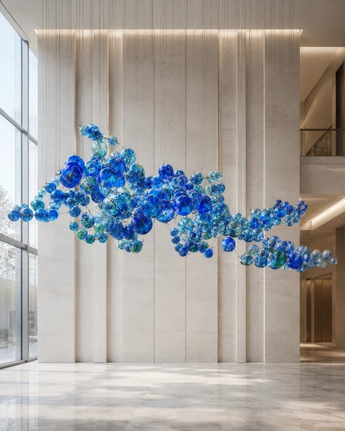 Naola Large Art Glass Atrium Chandelier for High Ceiling Commercial Spaces
The Naola blue glass chandelier displayed within an elegant luxury retail concourse, where its flowing arrangement of suspended glass spheres complements the scale of the surrounding architecture. Designed for shopping centres, hotel atriums, commercial reception areas and other large high-ceiling interiors.