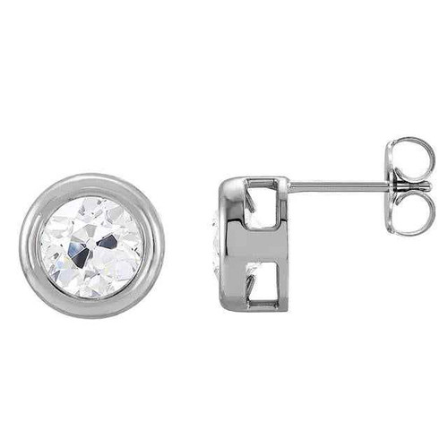 old mine cut diamond earrings, 3 carat natural diamond studs, bezel set diamond earrings, G color old miner diamonds, SI1 clarity diamond studs, luxury white gold earrings, 14K gold bezel earrings, antique cut diamond jewelry, fine diamond stud earrings, heritage diamond earrings, investment-grade diamond studs, collector’s old mine cut diamonds, sophisticated diamond jewelry, heirloom-quality diamond studs, certified natural diamond earrings