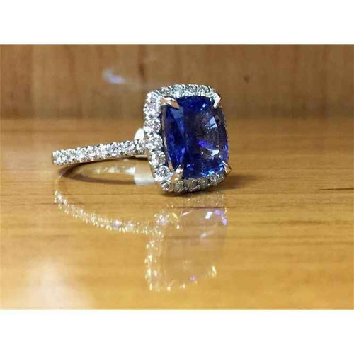 Florence: Exquisite Blue Sapphire & Diamond Halo Ring .3ct Cushion