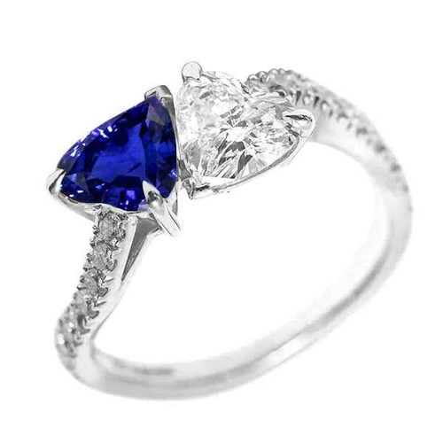 Isabella: Toi et Moi Gemstone Ring. Trilion Cut Sapphire &amp; Diamond