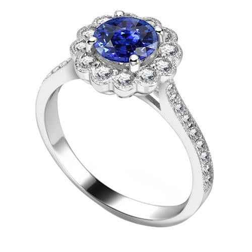 Florence: Exquisite Floral Halo Ring With Sapphire .3ct AAA Blue Sapphire