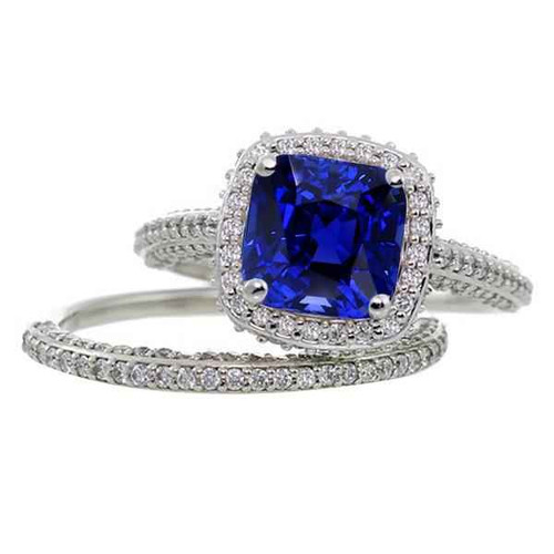Isabella: Halo Cushion Sapphire & Diamond Ring Set .4.50ct AAA Blue Sapphire