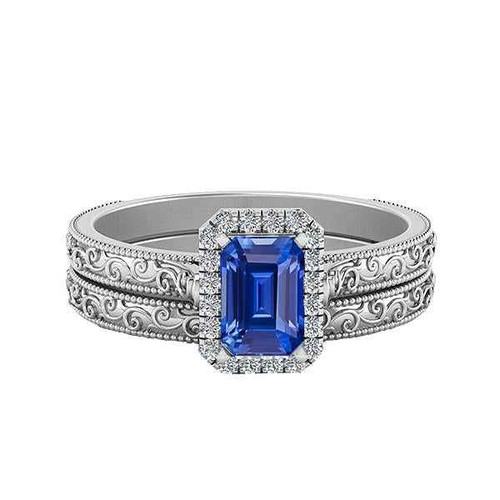 Isabella: Antique .Style Sapphire & Diamond Halo Wedding Set