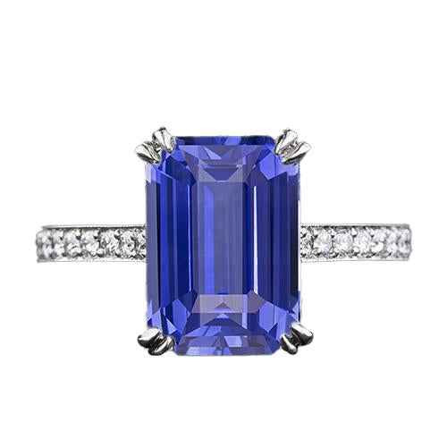 Diana: Majestic Sapphire Solitaire Ring With Diamond Accents .3ct Emerald Cut Ceylon Sapphire