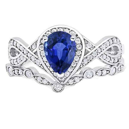 Diana: Regal Wedding Ring Set With Ceylon Sapphire .3.50ct Pear