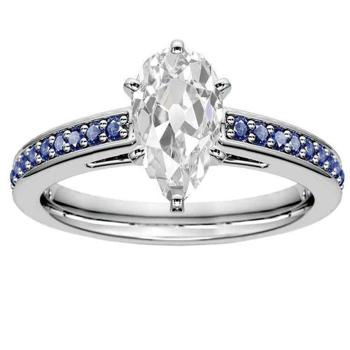 Victoria: Pear & Old Mine Cut Diamond Wedding Ring .5ct Diamond & Round Blue Sapphire