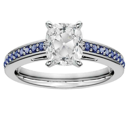 Victoria: Vintage .Inspired Anniversary Ring With Cushion Diamond & Sapphires