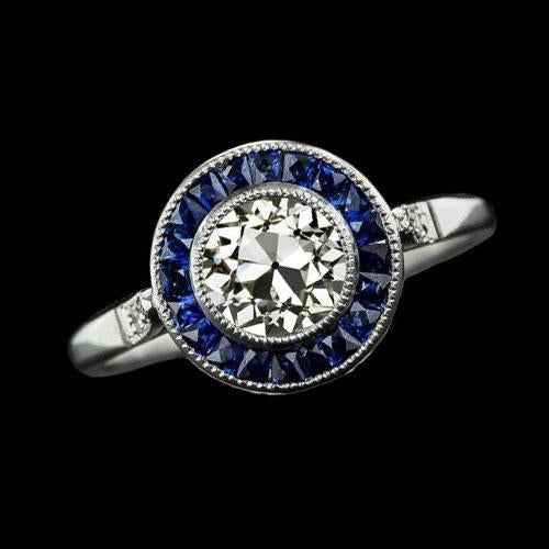 Victoria: Antique .Inspired Halo Ring With Old Cut Diamond & Sapphires