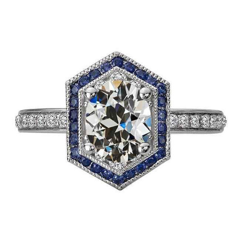 Isabella: Halo Ring With Old Miner Diamond & Sapphires .7ct Oval Diamond