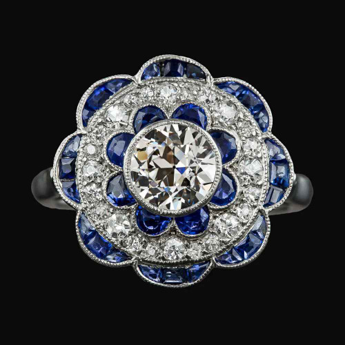 Madrid: Vintage .Inspired Halo Ring With Old Cut Diamond & Sapphires