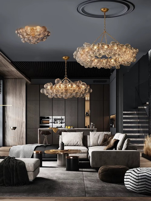 Celesti Round Bubble Glass Chandelier – Textured Glass & Gold Frame