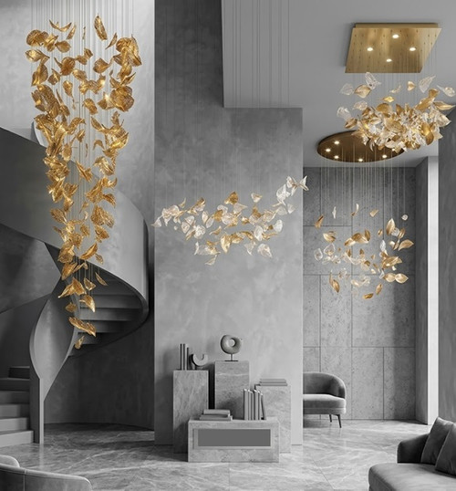 Mida Éclat Grand Cascade chandelier, glass leaf chandelier, luxury modern chandelier, sculptural ceiling light, cascading glass chandelier, designer lighting fixture